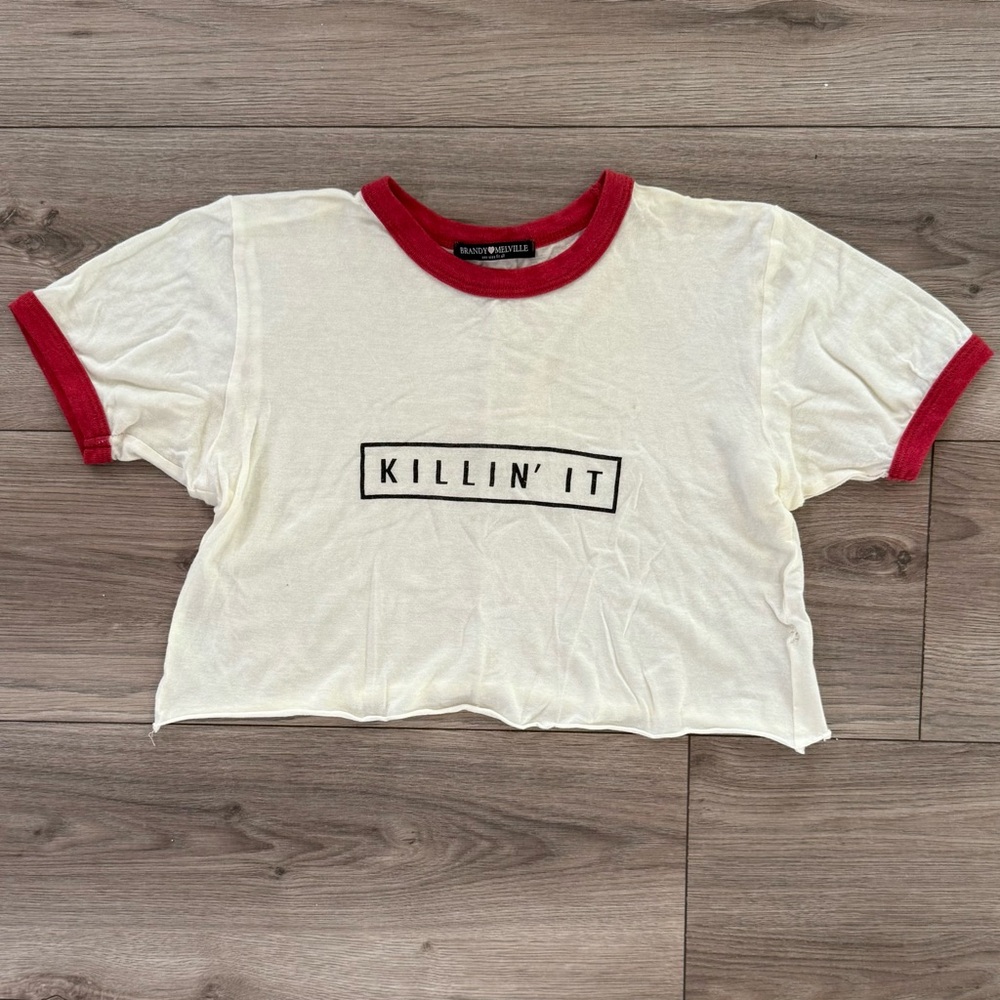 Brandy Melville White and Red Crop Top with Bold Graphic